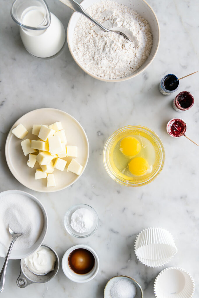 flour, butter, sugar, sour cream,buttermilk, eggs, red and blue food coloring