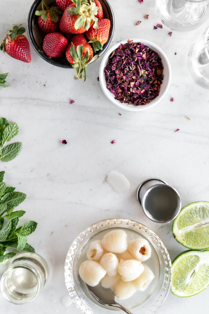 lychees, mint, rum, strawberries, simple syrup, limes for homemade mojitos