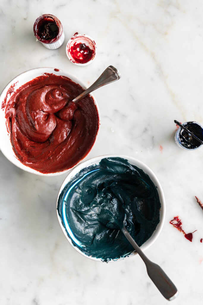 red velvet and blue velvet cupcake batters