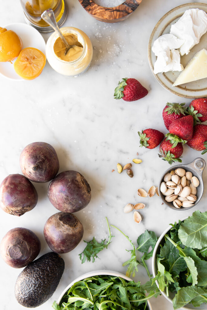 beets, goat cheese, arugula, baby kale, strawberries, dijon, pistatachios, preserved lemons, manchego