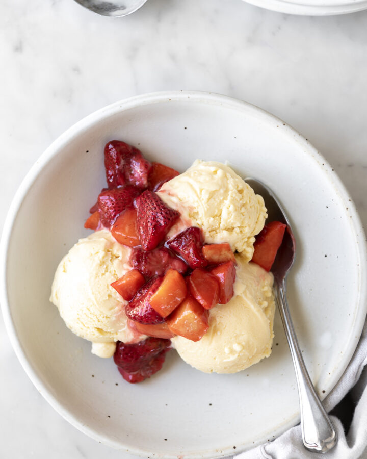 buttermilk ice cream recipe with roasted strawberries and peaches