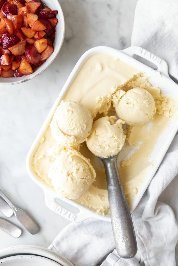 buttermilk ice cream with roasted strawberries and peaches