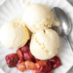 buttermilk ice cream with roasted strawberry and peach topping