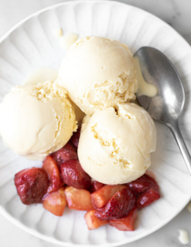 buttermilk ice cream with roasted strawberry and peach topping