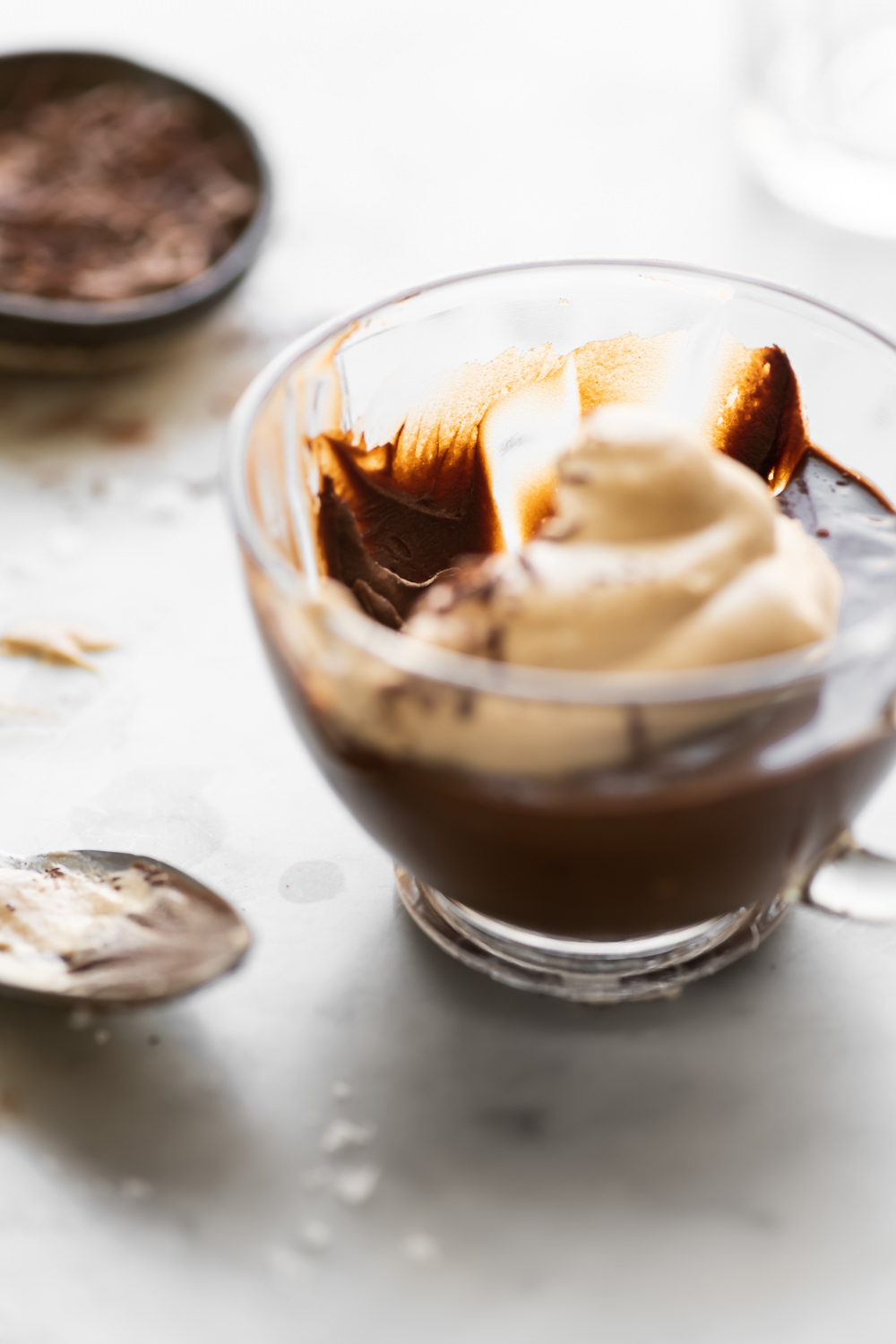 dark chocolate budino with espresso cream and flaky salt