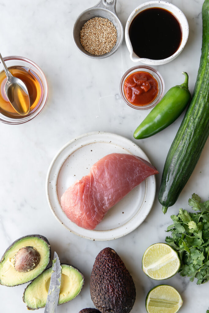 ahi tuna, cucumber, jalapeno, avocado, cilantro, soy sauce, sriracha, toasted sesame oil