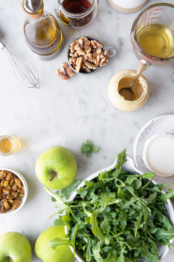 apples, arugula, walnuts, goat cheese, mustard, walnut oil, sherry vinegar