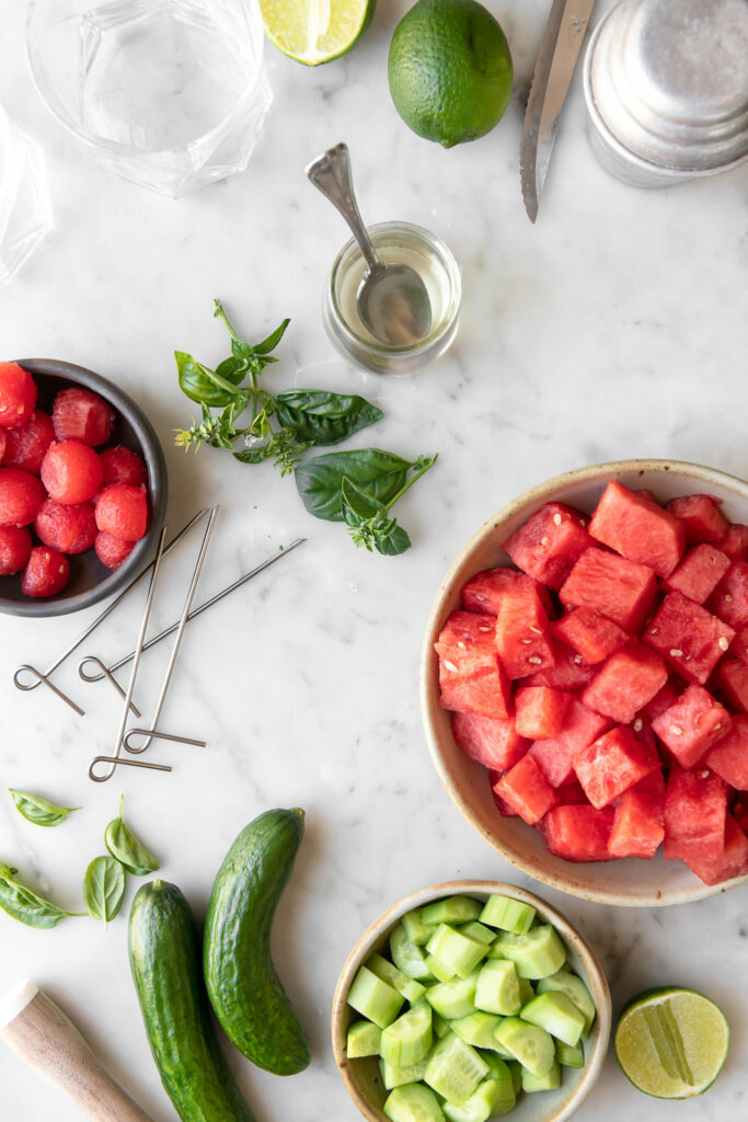 watermelon, vodka, cucumber, basil, lime, simple syrup