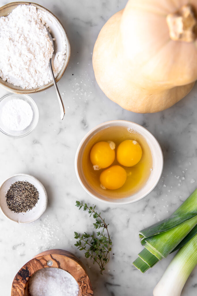 butternut squash, eggs, leeks, thyme, flour, baking powder, pepper