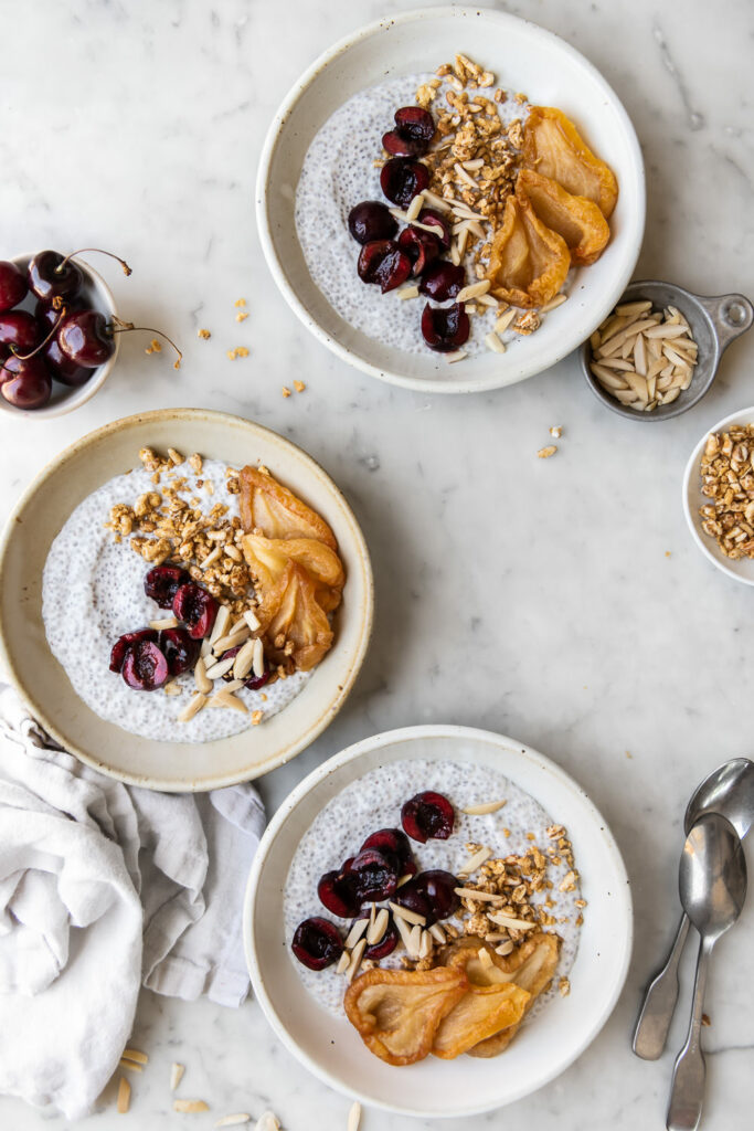 chia bowl with cherries, maple and dried pears