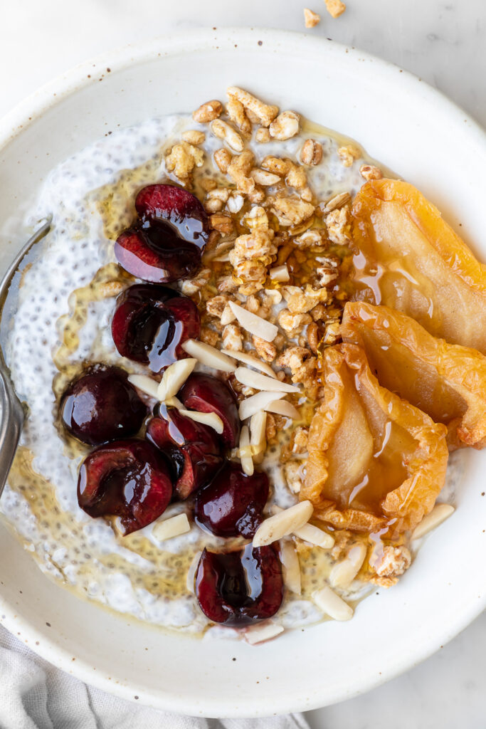 chia seed pudding with yogurt and cherries