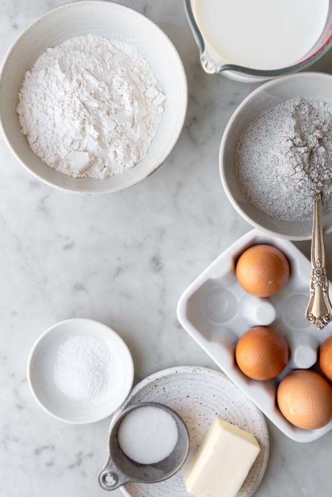 flour, buckwheat flour, eggs, milk, butter, salt, sugar