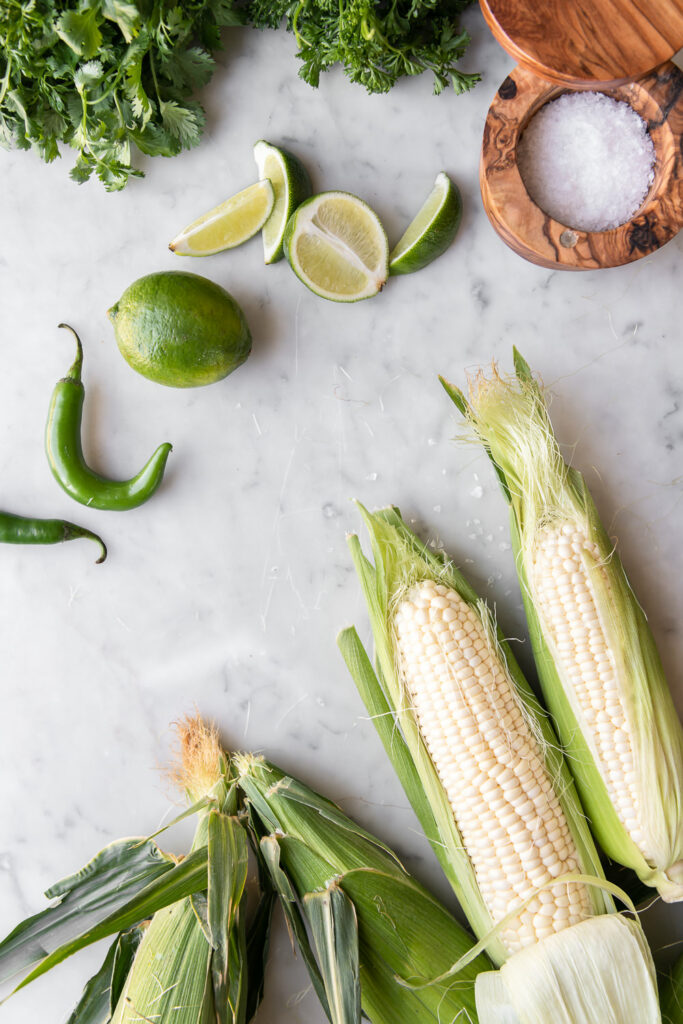 sweet corn, serrano pepper, lime, salt, cilantro, parsley