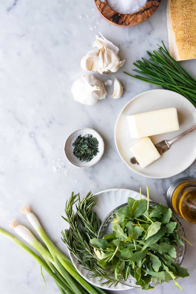 garlic, butter, chives, green onion, rosemary, thyme