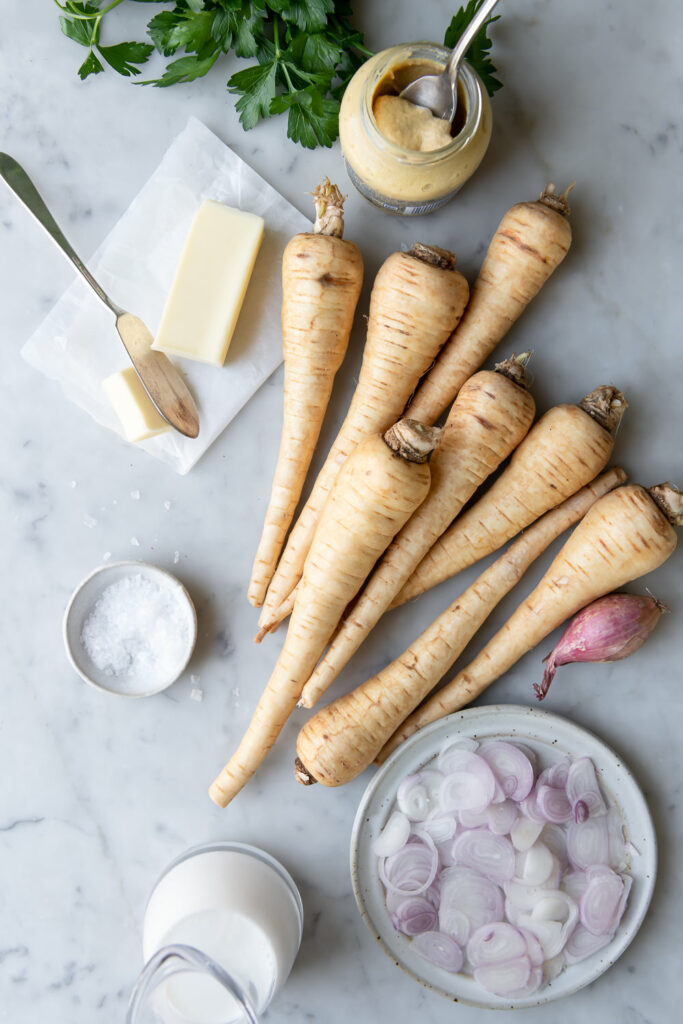 parnsip, shallots, mustard, milk, heavy cream, butter