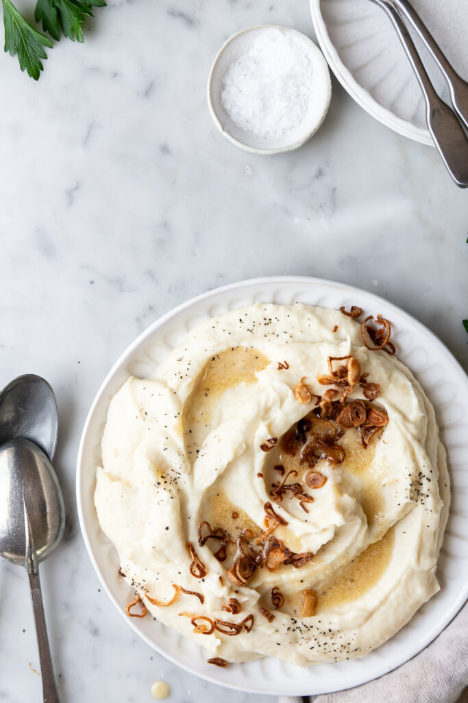 parsnip puree with brown butter and fried shallots