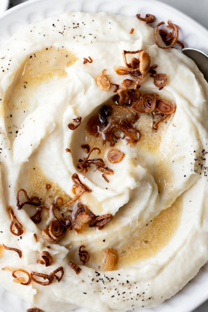 parsnip puree with brown butter dijon and fried shallots