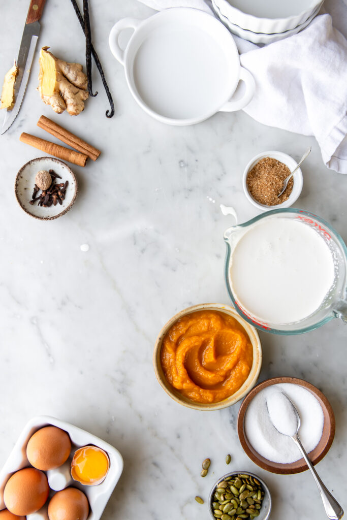 pumpkin, egg yolks, heavy cream, sugar, cinnamon, cloves, ginger