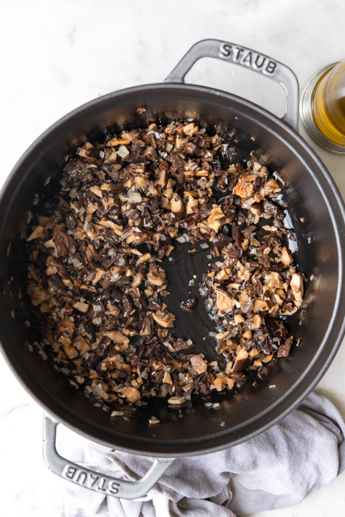 sauteed shallots and rehydrated mushrooms