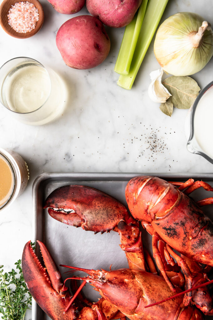 cooked lobster, white wine, potatoes, celery, lobster stock, garlic, bay leaves, cream