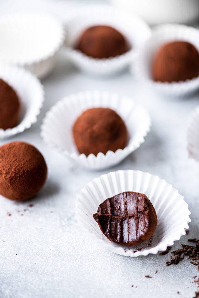dark chocolate truffles in cocoa
