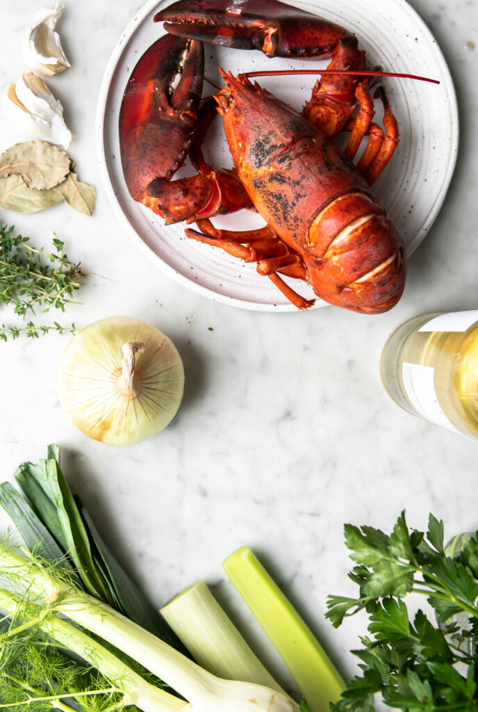lobster, leek, fennel, onion, garlic, herbs, white wine