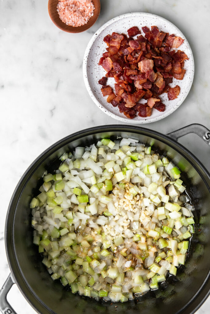 sauteed vegetables, bacon, salt