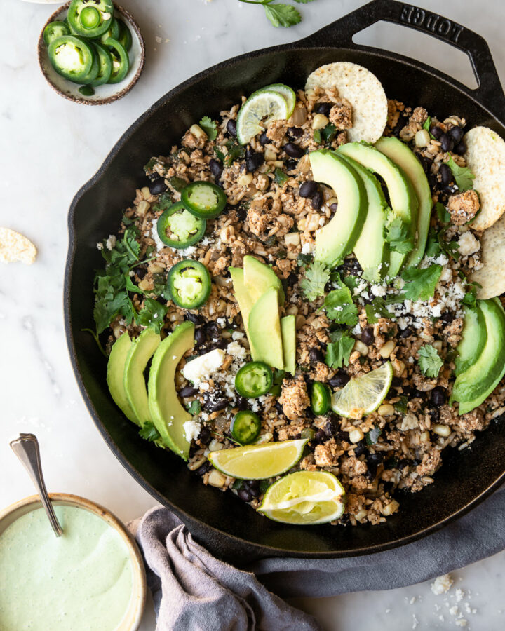 spicy mexican skillet with cilantro jalapeno crema