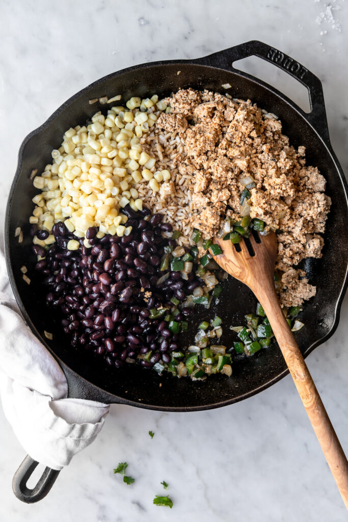 added rice, beans, corn and tofu