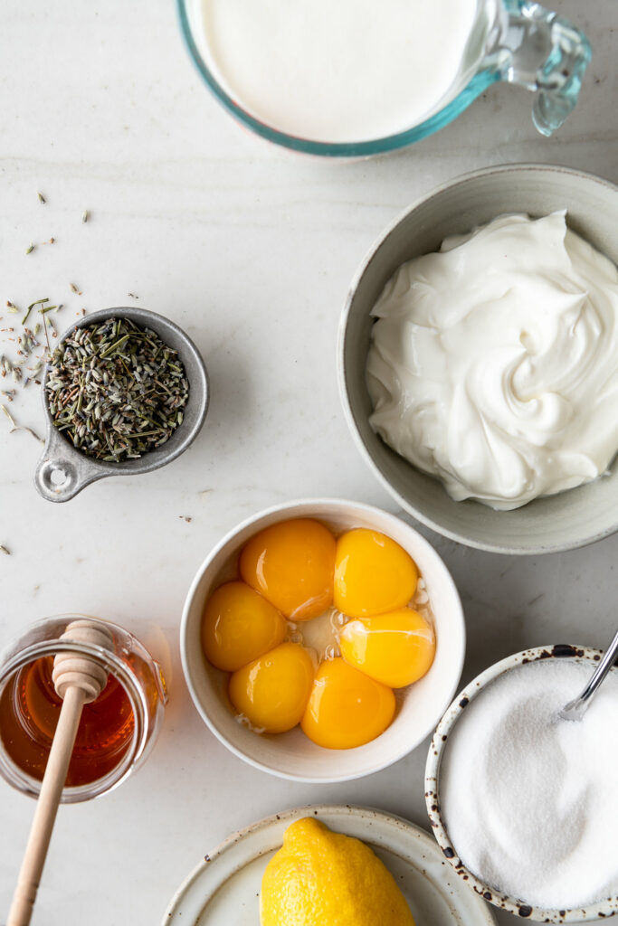 egg yolks, cream, lavender, yogurt, honey, lemon, sugar