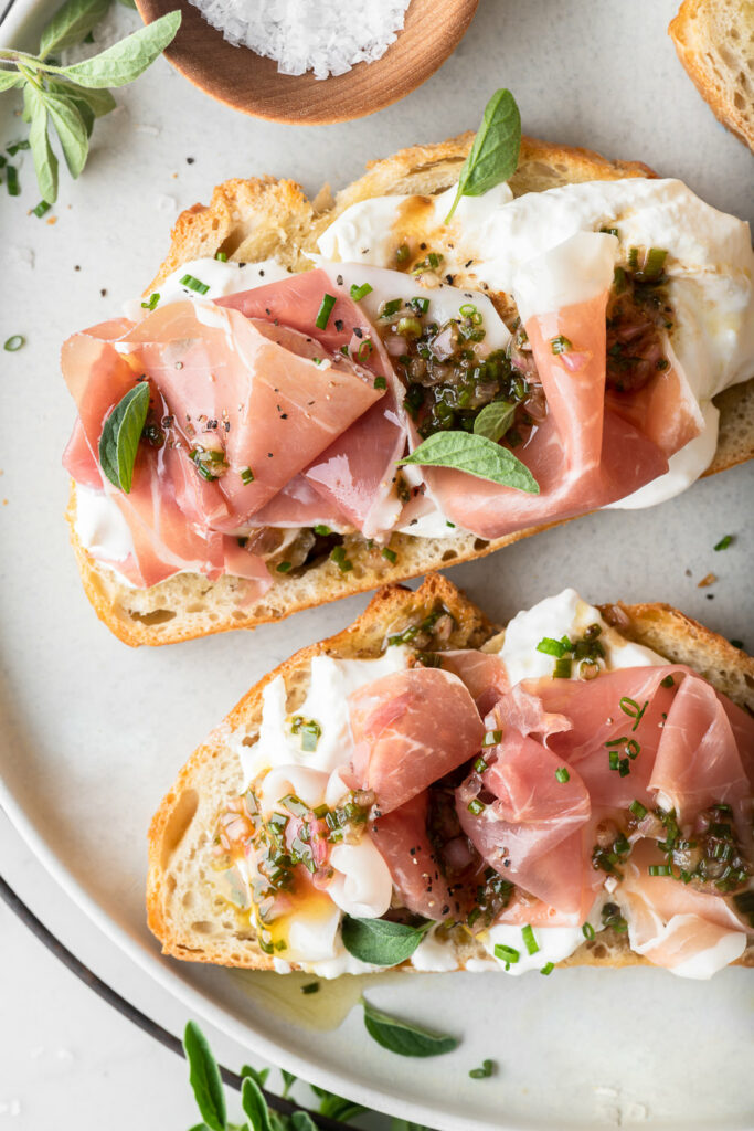 prosciutto bruschetta with burrata and chive vinaigrette recipe