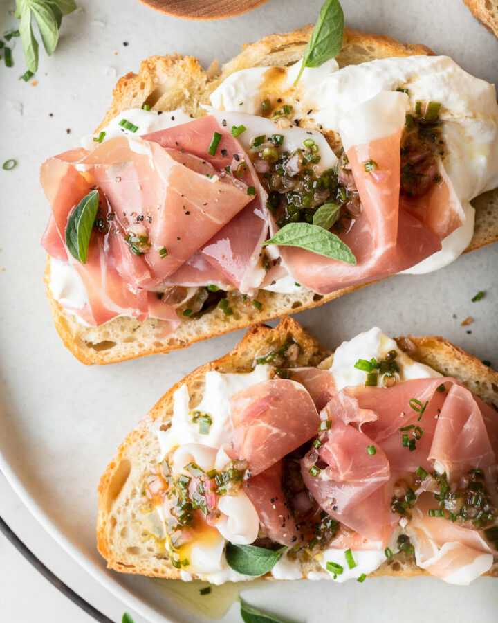 prosciutto bruschetta with burrata and chive vinaigrette recipe