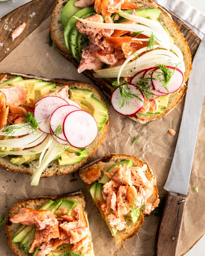 salmon avocado toast with pickled fennel