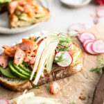 salmon toast with avocado and pickled fennel