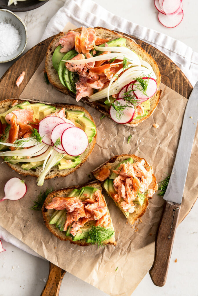 smoked salmon avocado toast with pickled fennel