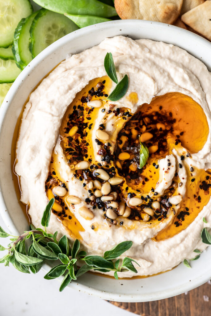 white bean hummus recipe with spicy oil drizzle