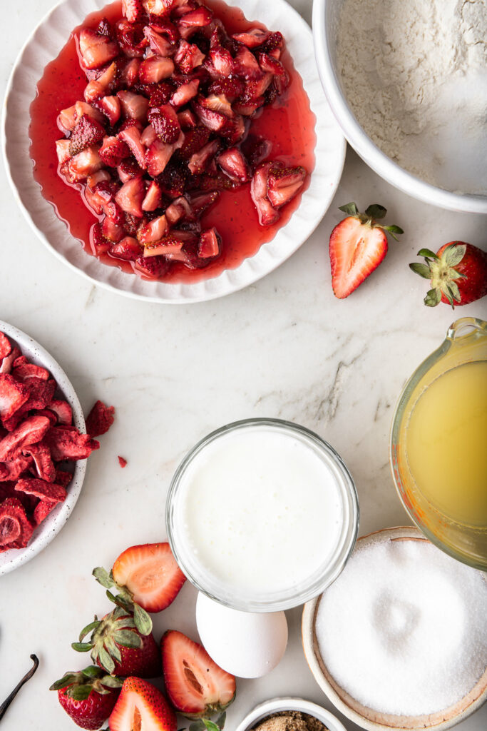 roasted strawberries, fresh strawberries, sugar, brown sugar, butter, buttermilk, flour