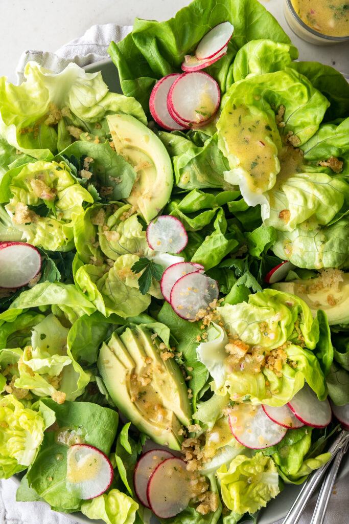 butter lettuce salad with pecorino breadcrumbs