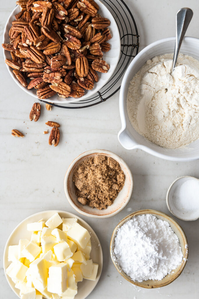 pecans, butter, flour, sugar, brown sugar