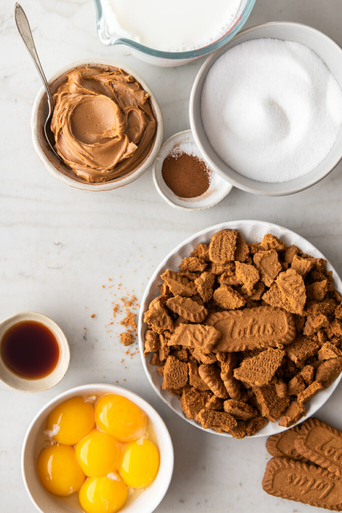 biscoff cookies, cookie butter, cream, milk, egg yolks, sugar, cinnamon