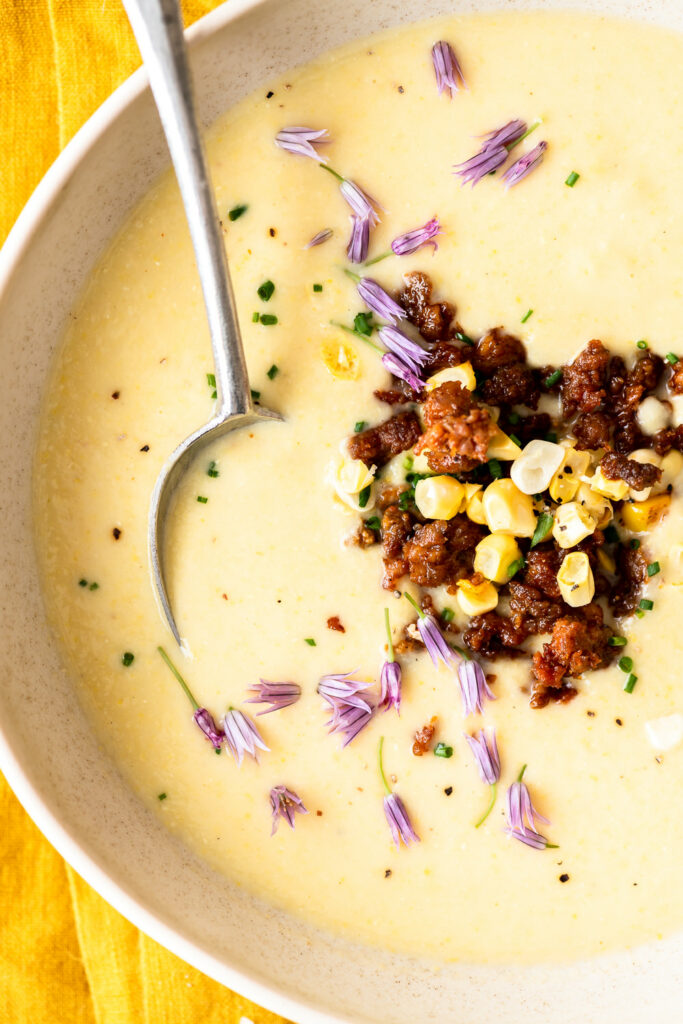 creamy corn soup recipe with chorizo crumbles