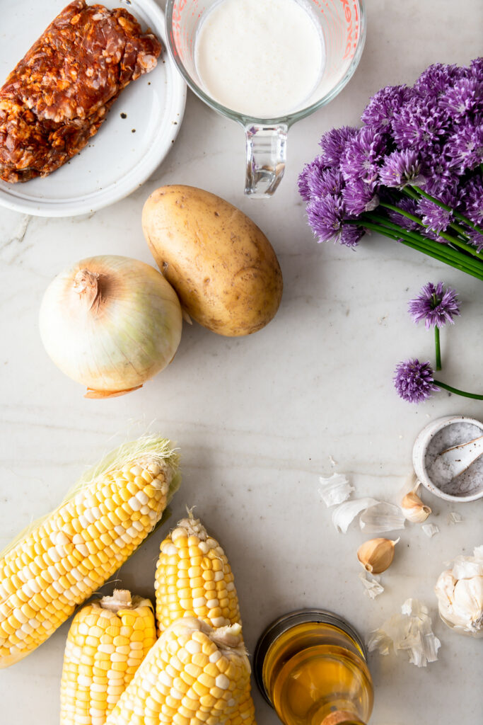 sweet corn, chorizo, chives, potato, onion, garlic, cream