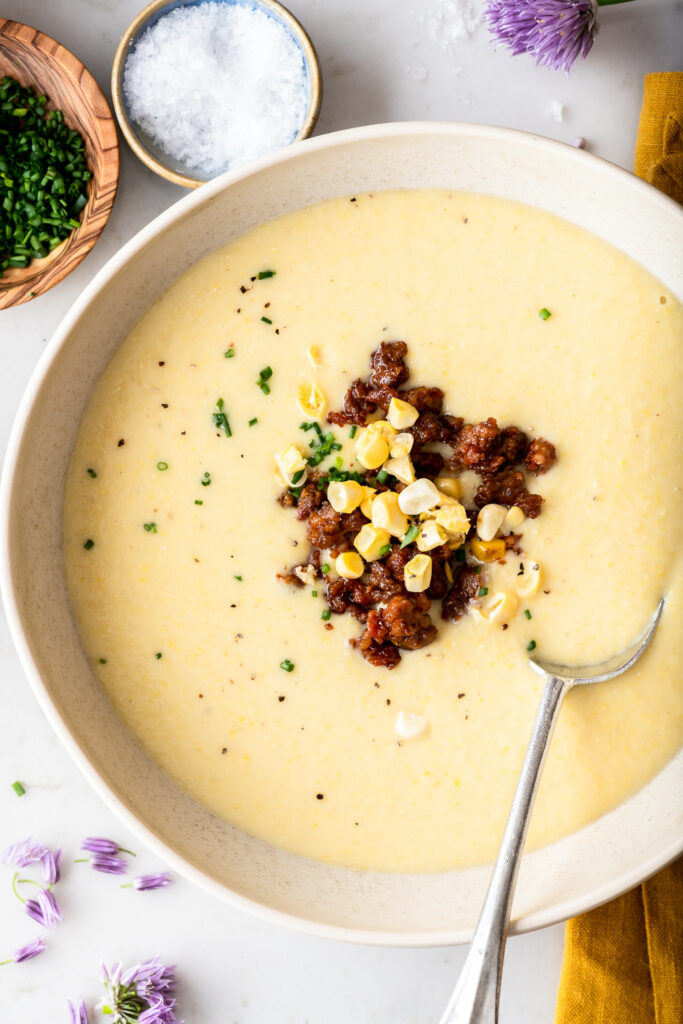 sweet corn soup with chorizo