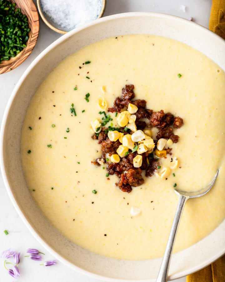 sweet corn soup with chorizo