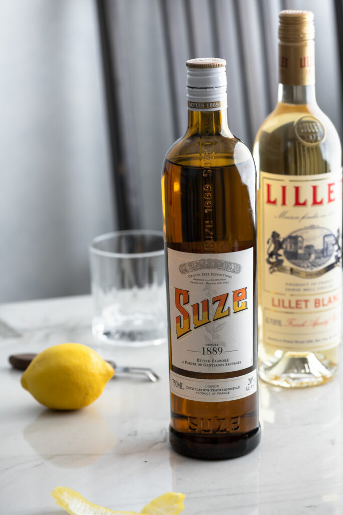 suze gentian liqueur, lillet and gin for white negroni