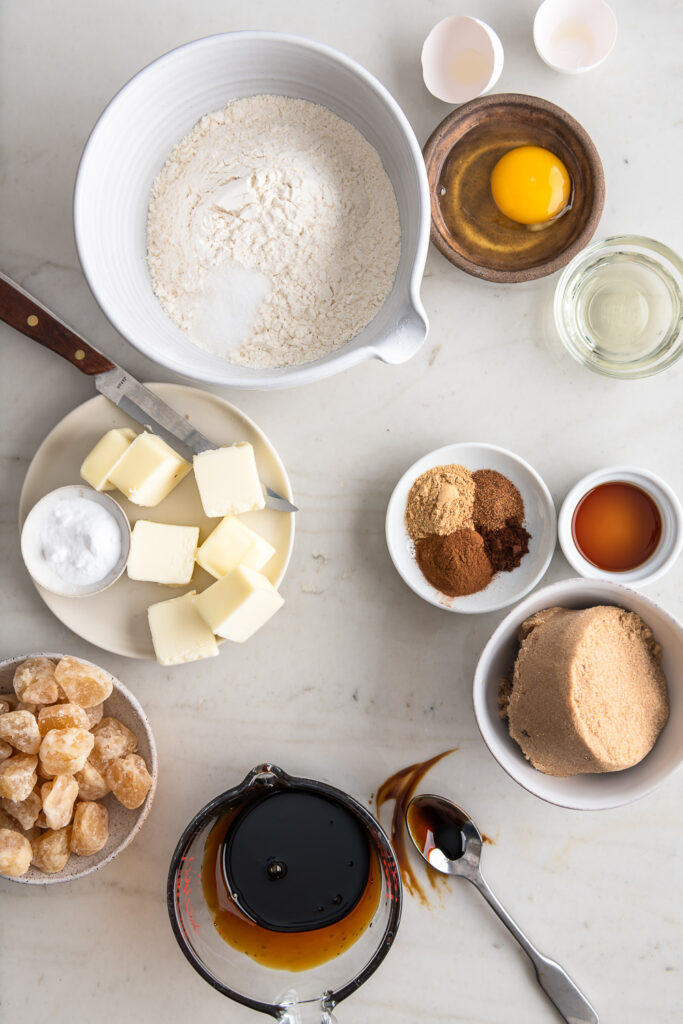 blackstrap molasses, brown sugar, vanilla, ginger, spices, flour, butter, oil