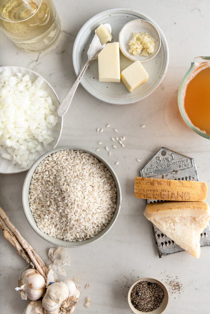 carnaroli rice, butter, parmesan, onion, garlic, white wine, chicken stock