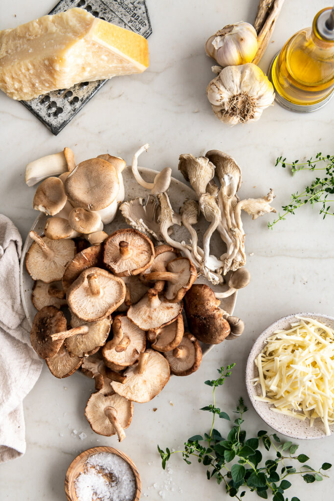 mushrooms, parmesan, fontina, garlic, olive oil, herbs