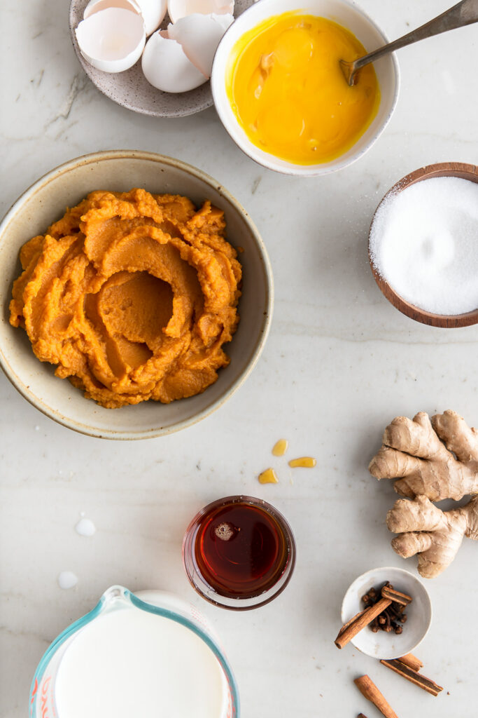 pumpkin puree, egg yolks, cream, milk, spices, ginger, maple syrup