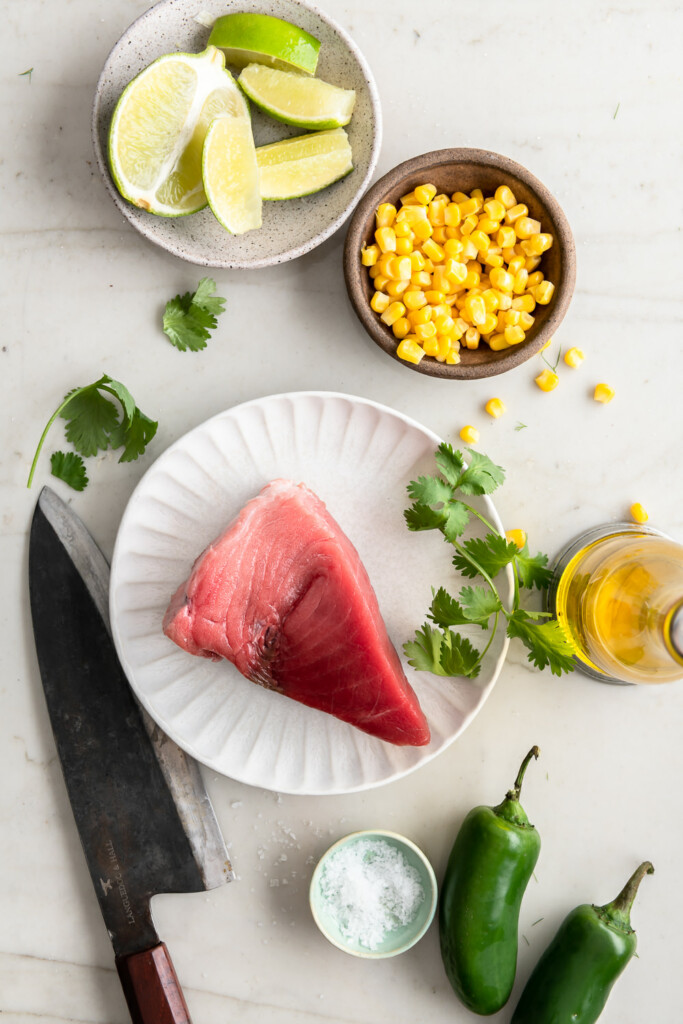 bluefin tuna, corn, lime, cilantro, jalapenos, olive oil